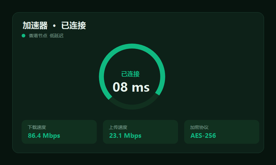 加速器客户端连接界面，显示已接入香港节点的延迟、下载上传速度和加密协议